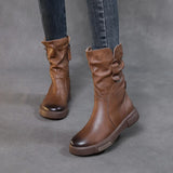 Ankle Boots Cow Leather Motorcycle Platform Wedge Winter Plush Knee High Women Shoes MartLion