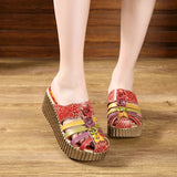 Summer Hollow Handmade Shoes Women Slides Genuine Leather Cover Toes Flower Women's Platform Wedges Slippers MartLion   