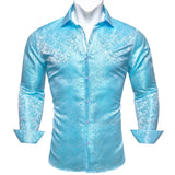 Luxury Blue Shirts Men's Solid Satin Embroidered Paisley Flower Long Sleeve Slim Fit Blouses Casual Lapel Tops Barry Wang MartLion   