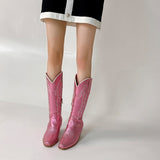 Women Boots Low Heel Shoes Cool British Embroidered Design Soft Short Party Knee High Pink Cowboy Mart Lion   