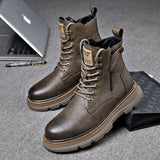 Autumn Winter Designer Cow Leather Boots for Men's Casual Fleece Overalls High Top Warm Platform Shoes MartLion   