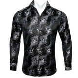 Barry Wang Luxury Black Paisley Silk Shirts Men's Long Sleeve Casual Flower Silver Shirts Designer Fit Dress MartLion CY-0016 S 