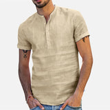 Men's Cotton Linen Shirt Summer Short Sleeved Men's Clothes Plain Shirt Tops Standing Collar Solid Color T-shirt MartLion Khaki S 