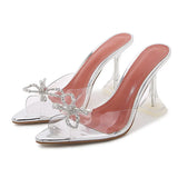 Rhinestones Bowknot Transparent PVC Women Slippers Elegant High heels Summer Shoes Sandals Mules Slides MartLion   