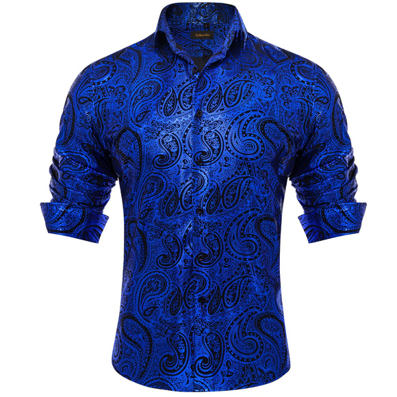 Luxury Royal Blue Paisley Silk Dress Shirts Wedding Party Performence Shirt Men's Social Clothing camisas de hombre MartLion   