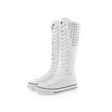 Dance Shoes Long Boots Rivet Super High Top Lace Up Side Zipper Flat Bottomed Student Canvas Women's MartLion white increase 38 