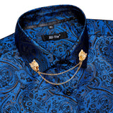 Hi-Tie Silk Men's Shirts Black Gold Long Sleeve Slim Fit Paisley Lapel Brooch Shirt Wedding Party Gift Designer MartLion