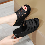 Women's Slides Ladies Slippers Summer Shoes Wedges High Heel 6.5 Cm Sequin Cow Leather