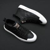 100% Genuine Leather Shoes Men's High top Footwear Street Style Black White Casual MartLion Black 10.5 
