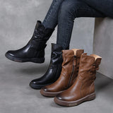 Ankle Boots Cow Leather Motorcycle Platform Wedge Winter Plush Knee High Women Shoes MartLion