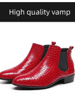 Classic Red High Top Men's Dress Shoes Pointed Toe Crocodile Leather Chelsea Boots MartLion   