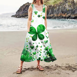 Women Dress Unique St Patrick's Day Print Mid-Calf Dresses O-Neck Sleeveless Frocks MartLion   