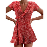 Summer Women’s  Dress Sweet Elegant Floral Ruffles V-neck  Short Dress  Lady Chic Flowers Mini Dress MartLion Red M 