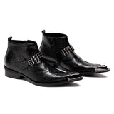 Pointed Toe Ankle Boots For Men's Heel Rhinestone Belt Lion Steel Toe For Office Genuine Leather MartLion   