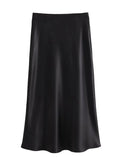 Women's Flowing Satin Midi Skirt Women Vintage Elastic  Waist Flared Street Skirt MartLion black L 