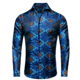 Hi-Tie Navy Royal Sky Blue Silk Men's Shirts Lapel Collar Long Sleeve Dress Shirt Jacquard Blouse Wedding MartLion ZCY-1003 S 