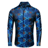 Hi-Tie Navy Royal Sky Blue Silk Men's Shirts Lapel Collar Long Sleeve Dress Shirt Jacquard Blouse Wedding MartLion