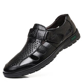 Men's Genuine Leather Sandals Summer Hollow Breathable Leather Shoes Casual Soft Flats Mart Lion Black 38 China
