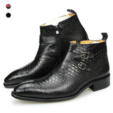 Men's Ankle Boot Genuine Leather Snake Skin Double button and Zipper Motorcycle Combat Casual Work Boots hombre MartLion   
