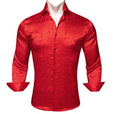 Luxury Silk Shirts Men's Long Sleeve Red Black Floral Embroidered Slim Fit Tops Button Down Collar Clothes Barry Wang MartLion 0663 S 