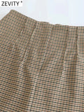 Women Vintage Plaid Print Double Breasted Suit Coat And High Waist Side Zipper Split Midi Skirt Two Piece Sets MartLion   