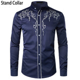 Stylish Western Cowboy Shirt Men's Brand Design Embroidery Slim Fit Casual Long Sleeve Wedding Party Mart Lion Navy 1 US Size S 