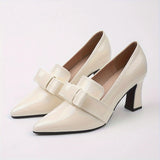 Elegant High Heeled Pumps For Women, Pointed Toe Shallow Mouth Slip On Soft Sole Dressy Chunky Heels, Bowknot Formal Shoes MartLion Ivory 40