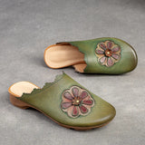 Natural Genuine Leather Ethnic Round Toe Appliques Flower Sandals Flats Summer Slippers Women Rubber Shoes MartLion Green 35 