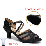 Black Mesh Latin Dance Shoes Hollow Breathable Indoor Dance Training High-heeled Sandals Tango Jazz Party Ballroom Performance MartLion Leather soles 6.5cm 43 