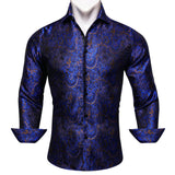 Luxury Shrits Men's Sky Roal Blue Navy Embroidered Paisley Long Sleeve Casual Slim Fit Blouses Lapel Barry Wang MartLion 0008 L 