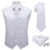Barry Wang Men's Classic White Floral Jacquard Silk Waistcoat Vests Handkerchief Party Wedding Tie Vest Suit Pocket Square Set Mart Lion BM-2002 XL 