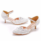 Crystal Queen White Lace Pearl Rhinestone Women Pointed Toe Summer 5CM High Heels Elegant Mary Jane Shoes MartLion   