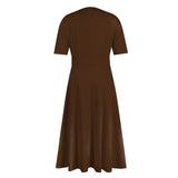 Women Dress Casual Print Mid-Calf Dresses V-Neck Short Sleeves Frocks Robes MartLion   