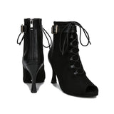 Black Hollow Latin Dance Shoes High Heels Soft Sole Lace Up Indoor Boots Modern Jazz for Women MartLion   