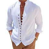 Men's Casual Shirts Linen Tops Loose and Comfortable Long Sleeve Beach Hawaiian Shirts MartLion white1 S 