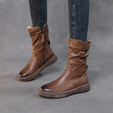 Ankle Boots Cow Leather Motorcycle Platform Wedge Winter Plush Knee High Women Shoes MartLion