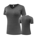 Fitness Women's Shirts Quick Drying T Shirt Elastic Yoga Sport Tights Gym Running Tops Short Sleeve Tees Blouses Jersey camisole MartLion V neck-grey S 
