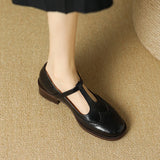 Spring Genuine Leather Women Pumps Shoes Round Toe Chunky Heel Retro Mary Janes Block Leather Shoes Shallow MartLion   