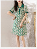 Elegant Print Polo Collar Dresses  Women Summer Casual Short Sleeve Loose Chic Midi Dress MartLion   