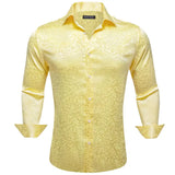 Luxury Shirts Men's Silk Satin Silk Gray Leaves Long Sleeve Blouses Casual Lapel Tops Breathable Streetwear Barry Wang MartLion 0716 S 