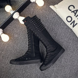  Autumn Punk Style Rivet Shoes Versatile Dance Lace Up Side Zipper Super High Top Casual Shoes Long Boots for Women MartLion - Mart Lion