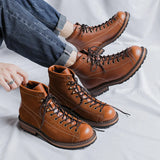 Vintage Work Boots for Men's High Top British Style Leather Spring Autumn Designer Platform Shoes MartLion   