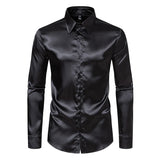 Men's Black Satin  Dress Shirts  Silk Smooth Shirt Solid Wedding Party Prom Casual Shirt  Office MartLion C30 Black US S 