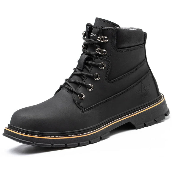 High top work boots leather work shoes waterproof safety anti puncture construction men's indestructible work MartLion JB916 Black 36 