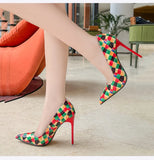 Geometry Plaid Printed Patent leather Women Pumps Elegant Pointed toe Stiletto High Heels Spring Autumn Office Lady Shoe MartLion   