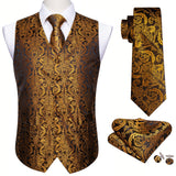 4PC Men's Silk Vest Party Wedding Purple Paisley Solid Floral Waistcoat Vest Pocket Square Tie Slim Suit Set Barry Wang Mart Lion MJ-2502 L 