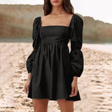 Dresses Women Gothic Clothes Square Neck Solid Color Mini Dress MartLion Black-1 XL 