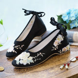 Satin Fabric Embroidered Women Ankle Strap Ballet Flats Vegan Elegant Ladies Walking Shoes Black White Gray MartLion   