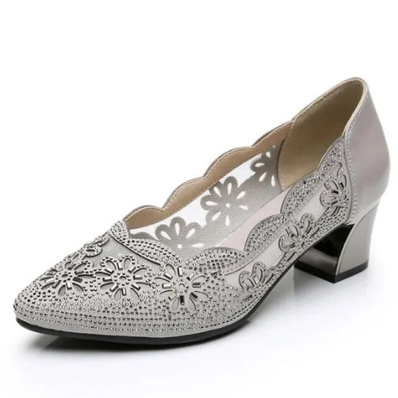 Summer Hollow Out Genuine Leather Pumps Women Shoes Med Heels Square Diamond Mesh Ladies Office  Crystal MartLion gray 40 
