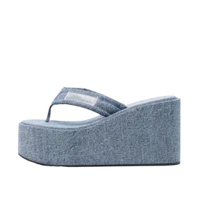 summer elevating platform slippers women wear denim blue wave with sandals MartLion   